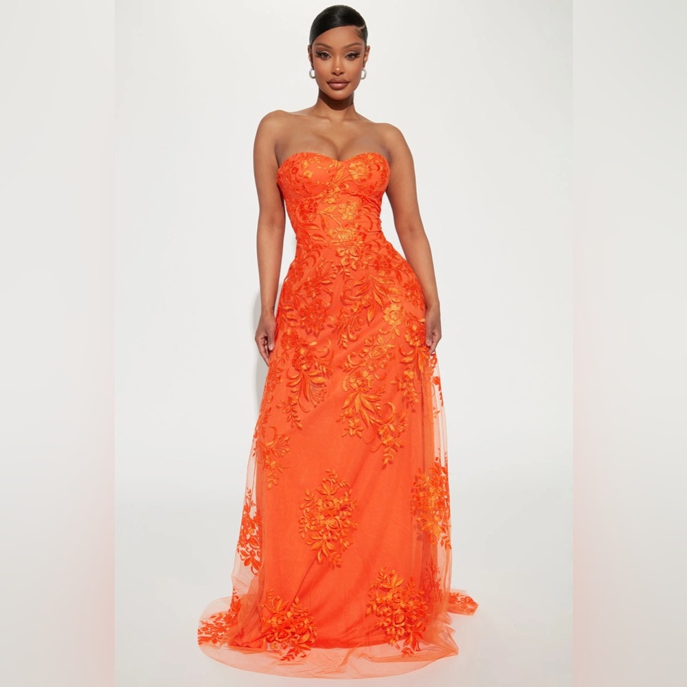 Fashion Nova S Bright Orange Everlasting Lace Strapless Maxi Dress